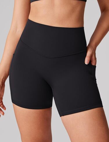 Hugcurve No Front Seam High Waisted Biker Shorts Women with Pockets 5 Inches Tummy Control Buttery Soft Yoga Pants Gym in Saudi Arabia