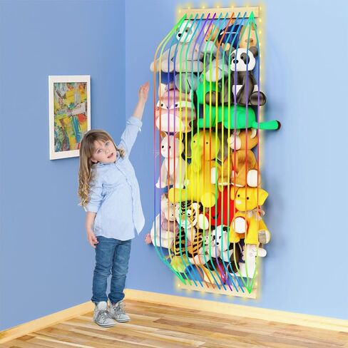 Stuffed Animal Storage Wood Soft Toy Storage for Kids Room，Wall Mount Door Hanging Stuffed Animal Toy Organizer Shelf for Nursery Play Room White with LED Coil -Patent in Saudi Arabia
