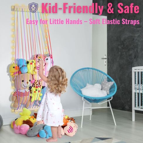 Stuffed Animal Storage Wood Soft Toy Storage for Kids Room，Wall Mount Door Hanging Stuffed Animal Toy Organizer Shelf for Nursery Play Room White with LED Coil -Patent in Saudi Arabia