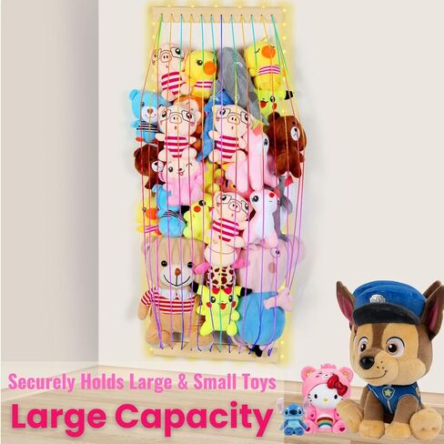 Stuffed Animal Storage Wood Soft Toy Storage for Kids Room，Wall Mount Door Hanging Stuffed Animal Toy Organizer Shelf for Nursery Play Room White with LED Coil -Patent in Saudi Arabia