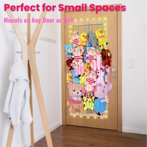 Stuffed Animal Storage Wood Soft Toy Storage for Kids Room，Wall Mount Door Hanging Stuffed Animal Toy Organizer Shelf for Nursery Play Room White with LED Coil -Patent in Saudi Arabia