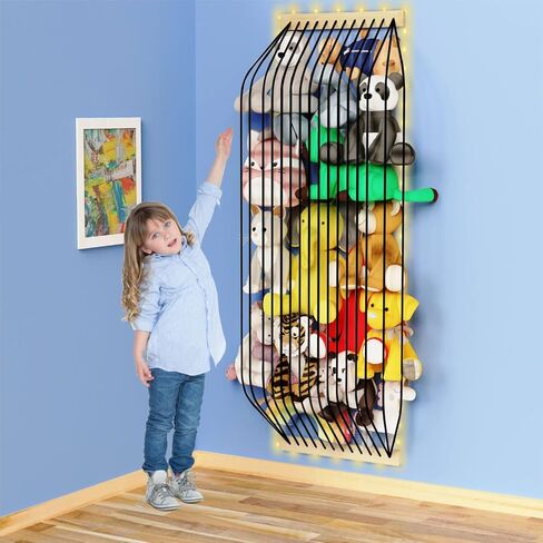 Stuffed Animal Storage Wood Soft Toy Storage for Kids Room，Wall Mount Door Hanging Stuffed Animal Toy Organizer Shelf for Nursery Play Room White with LED Coil -Patent in Kuwait