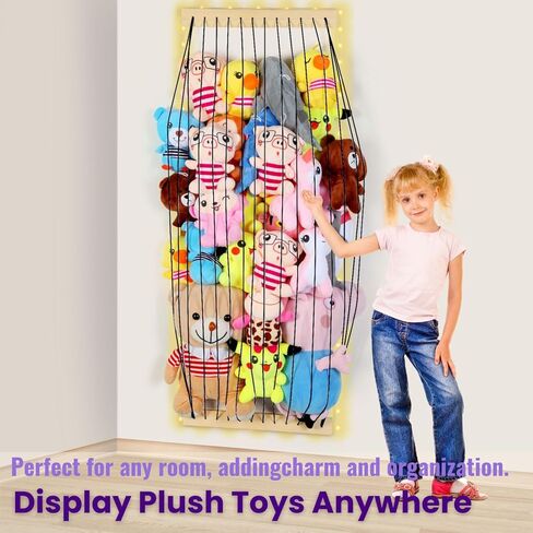 Stuffed Animal Storage Wood Soft Toy Storage for Kids Room，Wall Mount Door Hanging Stuffed Animal Toy Organizer Shelf for Nursery Play Room White with LED Coil -Patent in Kuwait