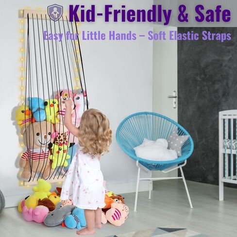 Stuffed Animal Storage Wood Soft Toy Storage for Kids Room，Wall Mount Door Hanging Stuffed Animal Toy Organizer Shelf for Nursery Play Room White with LED Coil -Patent in Kuwait