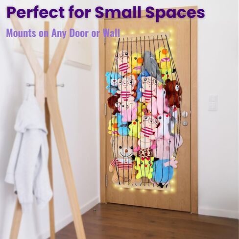 Stuffed Animal Storage Wood Soft Toy Storage for Kids Room，Wall Mount Door Hanging Stuffed Animal Toy Organizer Shelf for Nursery Play Room White with LED Coil -Patent in Kuwait