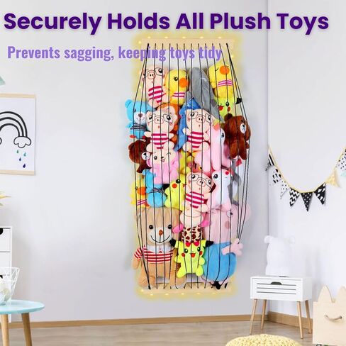 Stuffed Animal Storage Wood Soft Toy Storage for Kids Room，Wall Mount Door Hanging Stuffed Animal Toy Organizer Shelf for Nursery Play Room White with LED Coil -Patent in Kuwait