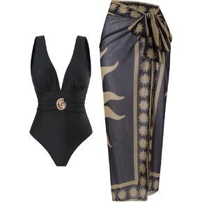 SherryDC One Piece Swimsuit with Cover up Wrap Skirt Sarong Floral Print Plunge V Neck Bathing Suit for Women in Saudi Arabia