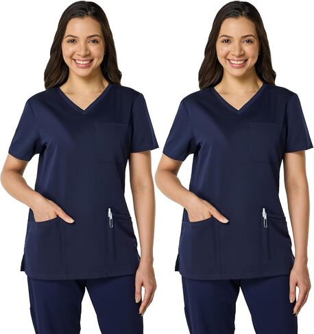 2 حزمة من النساء الدعكات قمم العمل لينة التمدد v-neck 3 جيوب in Saudi Arabia