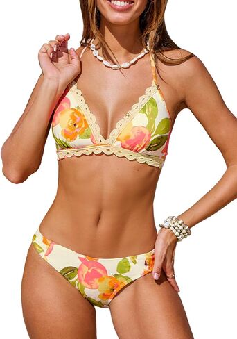 CUPSHE Women's Bikini Sets Two Piece Swimsuit V Neck Halter Back Self Tie Eyelet Trim Mid Rise in Kuwait