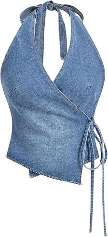 MakeMeChic Women's Halter Denim Top Wrap Asymmetrical Backless Fitted Y2K Crop Tops in Saudi Arabia
