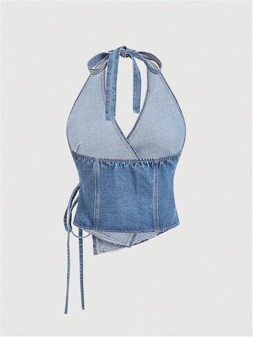 MakeMeChic Women's Halter Denim Top Wrap Asymmetrical Backless Fitted Y2K Crop Tops in Saudi Arabia