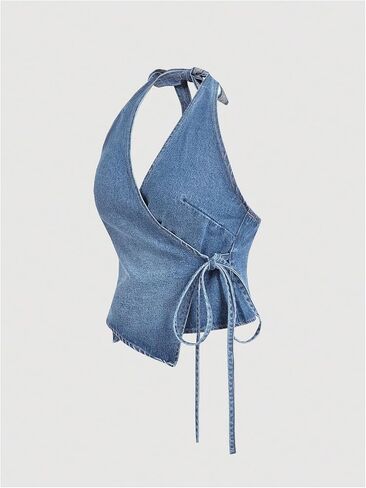 MakeMeChic Women's Halter Denim Top Wrap Asymmetrical Backless Fitted Y2K Crop Tops in Saudi Arabia