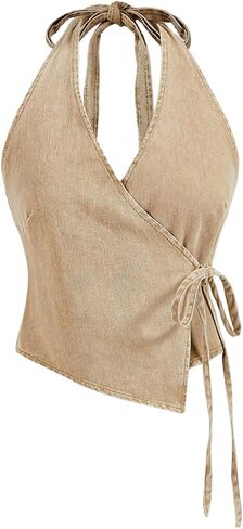 MakeMeChic Women's Halter Denim Top Wrap Asymmetrical Backless Fitted Y2K Crop Tops in Saudi Arabia