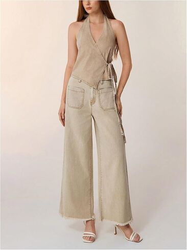 MakeMeChic Women's Halter Denim Top Wrap Asymmetrical Backless Fitted Y2K Crop Tops in Saudi Arabia