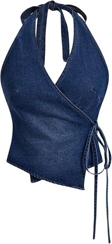MakeMeChic Women's Halter Denim Top Wrap Asymmetrical Backless Fitted Y2K Crop Tops in Saudi Arabia