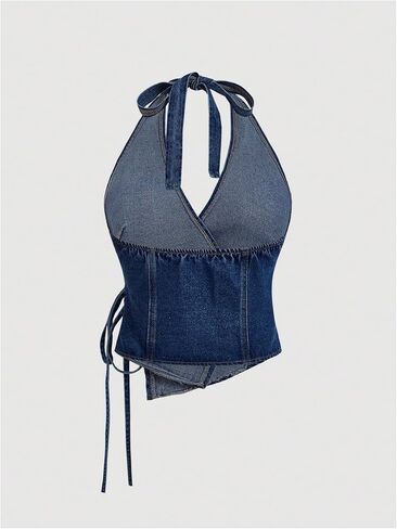 MakeMeChic Women's Halter Denim Top Wrap Asymmetrical Backless Fitted Y2K Crop Tops in Saudi Arabia