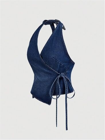 MakeMeChic Women's Halter Denim Top Wrap Asymmetrical Backless Fitted Y2K Crop Tops in Saudi Arabia