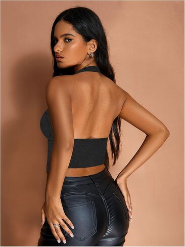 Makemechic Women’s Cheetah Print Top Halter Corset Top Sexy Deep V Dear Out Out Tops in Saudi Arabia