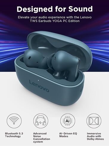 Lenovo TWS Earbuds Yoga PC Edition Tidal Teal Active Noise Cancellation Bluetooth 5.3 Wireless Earbuds ENC 3-Mic Clear Calls AI EQ Mode Switch for Gaming, Movies, Music, and Meetings in Kuwait