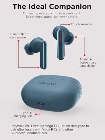 Lenovo TWS Earbuds Yoga PC Edition Tidal Teal Active Noise Cancellation Bluetooth 5.3 Wireless Earbuds ENC 3-Mic Clear Calls AI EQ Mode Switch for Gaming, Movies, Music, and Meetings in Kuwait
