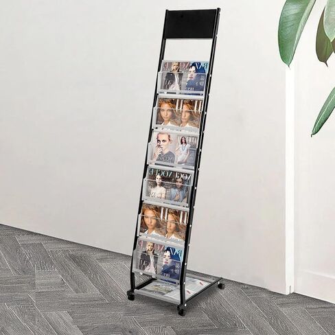 Magazine Rack, Floor-Standing Brochure Display Stand with Wheels, 6 Pockets Catalog Literature Rack Magazine Holder Newspaper Stand for Trade Show Exhibitions Office Retail Store in Saudi Arabia