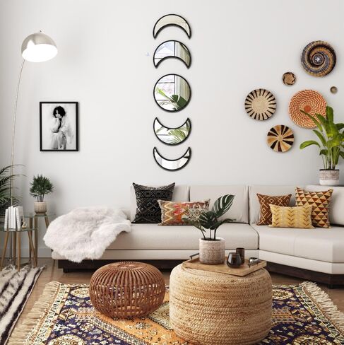 Stylish Moon Phase Wall Mirrors Set – 5-Piece Decorative Acrylic Bohemian Mirrors for Home Decor, Living Room & Bedroom Room(RAW) in Saudi Arabia