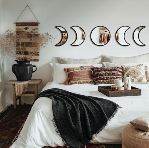 Stylish Moon Phase Wall Mirrors Set – 5-Piece Decorative Acrylic Bohemian Mirrors for Home Decor, Living Room & Bedroom Room(RAW) in Saudi Arabia