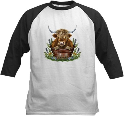 CafePress Highland Cow Sitting in A Metal Kids Baseball T Shirt Kids Cotton Baseball Jersey, 3/4 Raglan Sleeve Shirt in Saudi Arabia