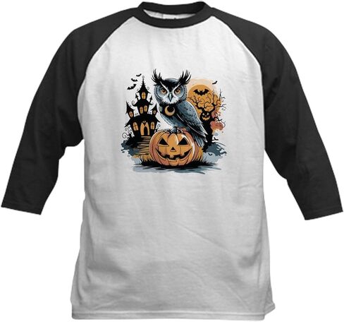 Cafepress Halloween Owl and Pumpkin Delight Kids Baseball T Shirt Kids Cotton Baseball Jersey ، 3/4 Raglan Sleeve Shirt in Saudi Arabia