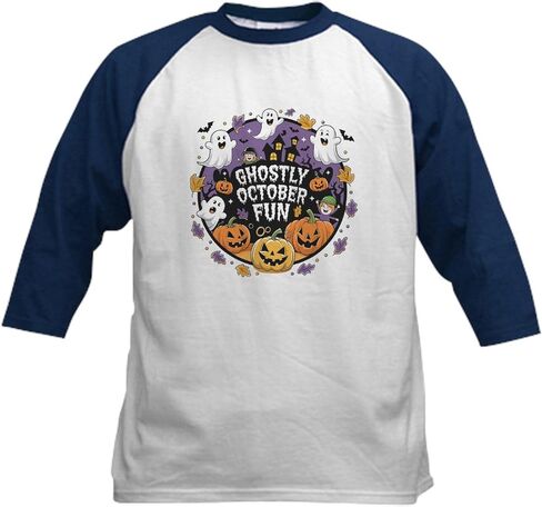 CafePress Ghostly October Fun Design Kids Baseball T Shirt Kids Cotton Baseball Jersey, 3/4 Raglan Sleeve Shirt in Saudi Arabia