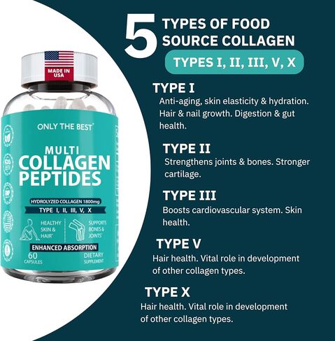 Only The Best Collagen for Women & Men - Multi Collagen Peptides 1800mg Types I, II, III, V, X to Support Skin, Hair, Nails, Bones & Joints Health - Hydrolyzed Collagen Supplement 90 Capsules in Saudi Arabia