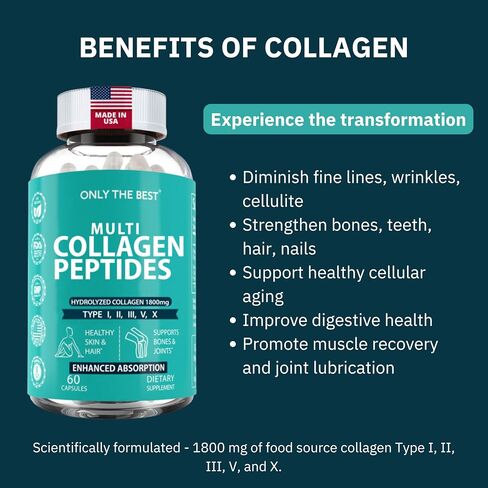 Only The Best Collagen for Women & Men - Multi Collagen Peptides 1800mg Types I, II, III, V, X to Support Skin, Hair, Nails, Bones & Joints Health - Hydrolyzed Collagen Supplement 90 Capsules in Saudi Arabia