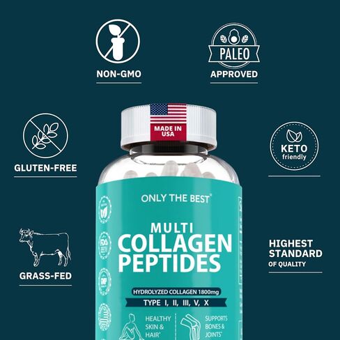 Only The Best Collagen for Women & Men - Multi Collagen Peptides 1800mg Types I, II, III, V, X to Support Skin, Hair, Nails, Bones & Joints Health - Hydrolyzed Collagen Supplement 90 Capsules in Saudi Arabia