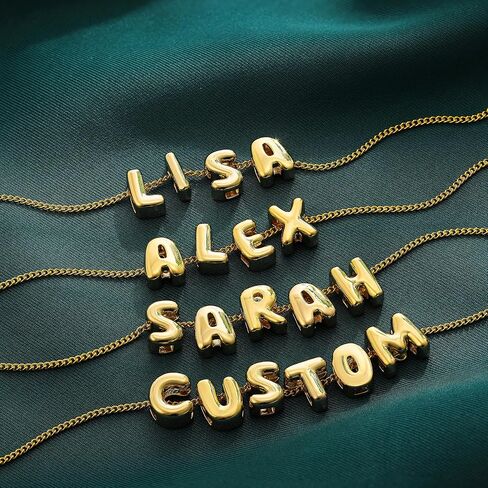 SLOONG Custom Name Beads Necklace for Women, 3D Letter Pendant 18K Gold Plated Dainty Initial Personalized Necklaces Gift for Mom Mother Girlfriend Initial Alphabet A-Z in Kuwait