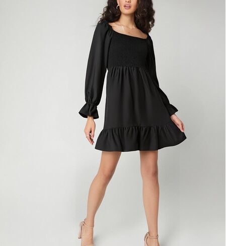 Women's Smocked Ruffle Mini Dress Square Neck Long Sleeve Party Dress Cute Cottagecore Wedding Guest Dress in Saudi Arabia