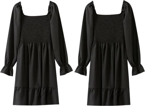 Women's Smocked Ruffle Mini Dress Square Neck Long Sleeve Party Dress Cute Cottagecore Wedding Guest Dress in Saudi Arabia
