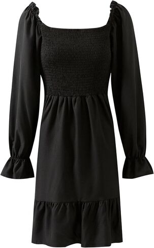 Women's Smocked Ruffle Mini Dress Square Neck Long Sleeve Party Dress Cute Cottagecore Wedding Guest Dress in Saudi Arabia