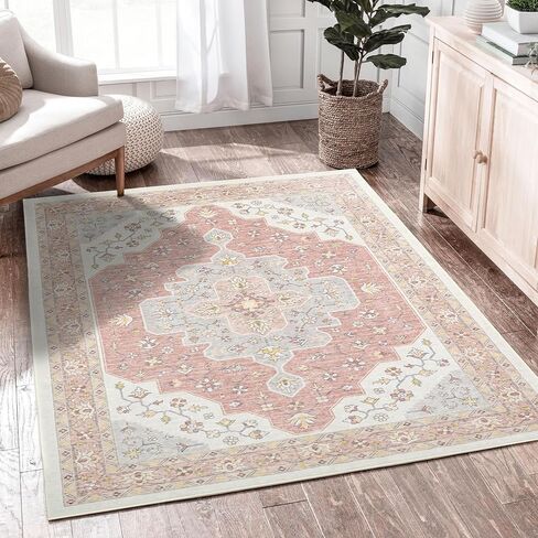 Boho Tribal Runner Rug - 2x6 Hallway Runner Rugs with Non-Slip Backing Low-Pile Boho Washable Distressed Printed Rug for Hallway Kitchen Farmhouse Bathroom Laundry Room Bedroom- Light Blush in Saudi Arabia
