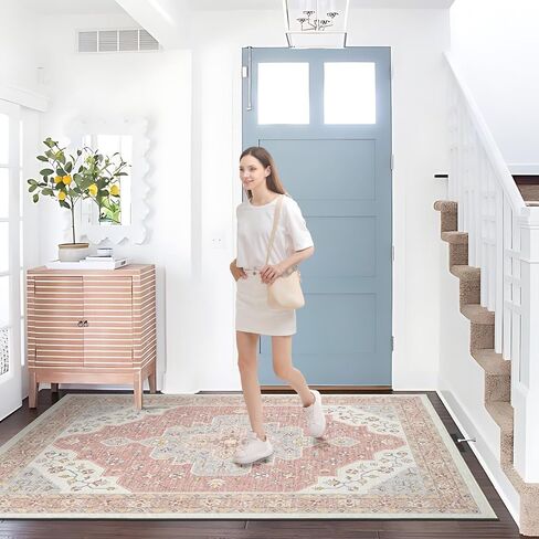Boho Tribal Runner Rug - 2x6 Hallway Runner Rugs with Non-Slip Backing Low-Pile Boho Washable Distressed Printed Rug for Hallway Kitchen Farmhouse Bathroom Laundry Room Bedroom- Light Blush in Saudi Arabia