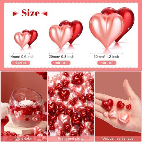MTLEE 120 PCS Pearls of Heart Shaped for Vase Filler Heart Ornament for Floating Candles Centerpiece for Valentine's Day Wedding Dinning Table, 14/20/30 mm（No Water Gel (Red,Cute Style) in Kuwait