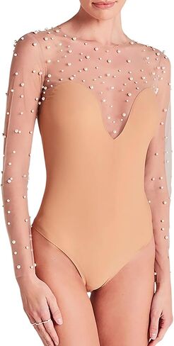 CORIRESHA Women's Chic Pearls Top Long Sleeve Crewneck Sheer Mesh Bodysuit Clubwear in Saudi Arabia