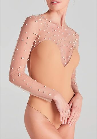 CORIRESHA Women's Chic Pearls Top Long Sleeve Crewneck Sheer Mesh Bodysuit Clubwear in Saudi Arabia