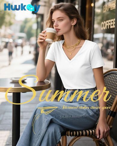 Huukeay Womens 5 Pack V Neck Basic Tees Comfortable Casual Short Sleeve T Shirts Solid Color Tops for Summer Flat Hem in Kuwait