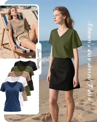 Huukeay Womens 5 Pack V Neck Basic Tees Comfortable Casual Short Sleeve T Shirts Solid Color Tops for Summer Flat Hem in Kuwait