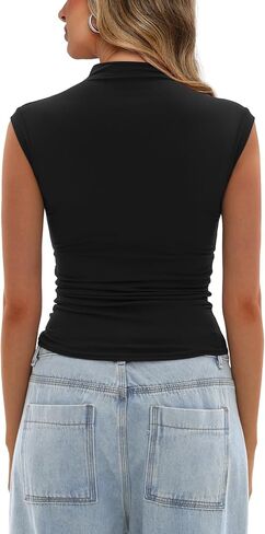 Darong Women's Summer Tops Cap Sleeve Side Ruched Out Out Top Mock Neck Slim Tluged Stirts Tee Y2K Tee in Saudi Arabia