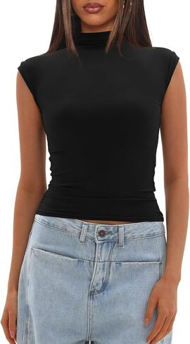 Darong Women's Summer Tops Cap Sleeve Side Ruched Out Out Top Mock Neck Slim Tluged Stirts Tee Y2K Tee in Saudi Arabia