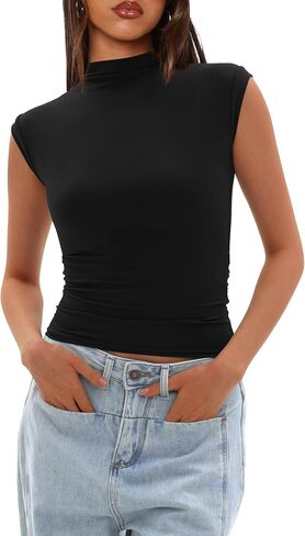 Darong Women's Summer Tops Cap Sleeve Side Ruched Out Out Top Mock Neck Slim Tluged Stirts Tee Y2K Tee in Saudi Arabia