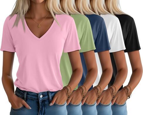 Huukeay Womens 5 Pack V Neck Basic Tees Comfortable Casual Short Sleeve T Shirts Solid Color Tops for Summer Flat Hem in Kuwait