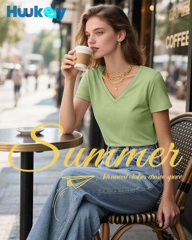 Huukeay Womens 5 Pack V Neck Basic Tees Comfortable Casual Short Sleeve T Shirts Solid Color Tops for Summer Flat Hem in Kuwait