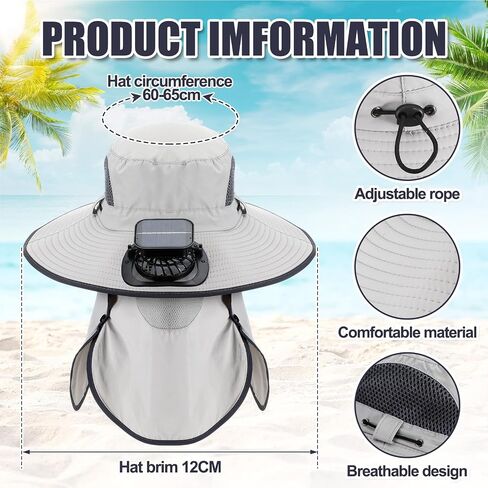 Solar Sun Hat Oversized Fishing Hat with Fan Bucket Hat Removable Face UV Protection UPF 50+ Sun Protection Wide Brim Sports Summer Cap for Men Women USB Solar Powered Dark Gray in Kuwait